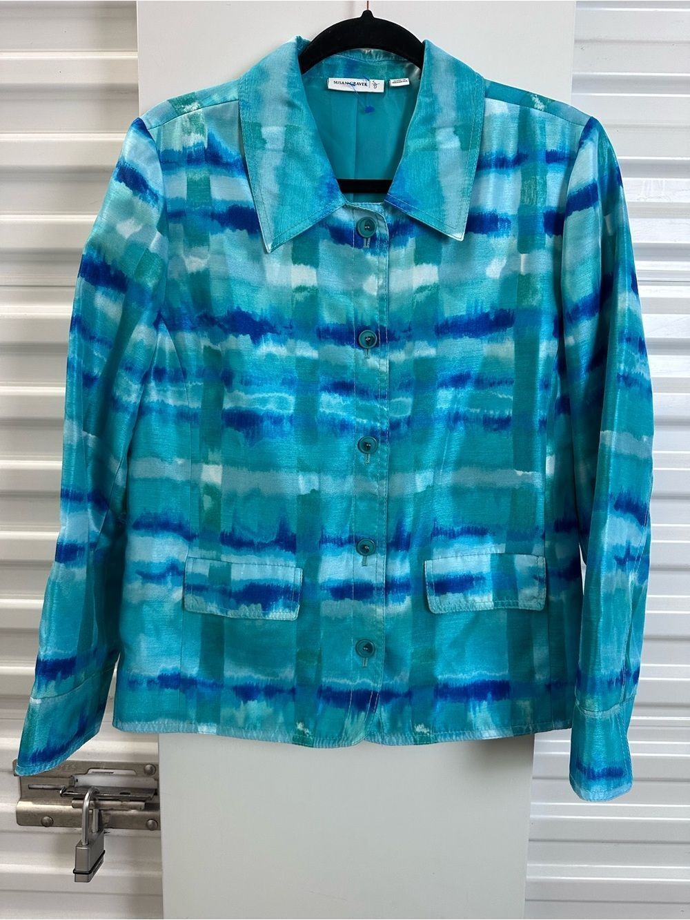 Susan Graver Teal and Blue Watercolor Stripe Button-Front Jacket